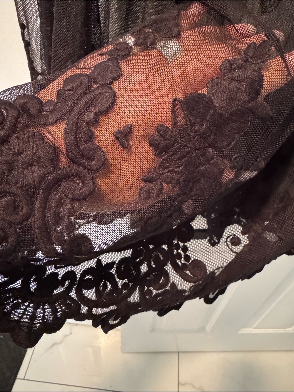 Torrid Plus Size Black Sheer Mesh Embroidered Babydoll Top with Bell Sleeves - Picture 3 of 4